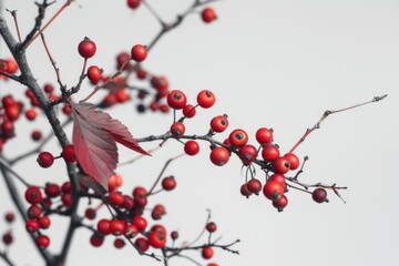 A natural scene featuring a branch with red berries and a single leaf