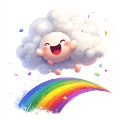 A playful cartoon cloud jumping on a rainbow, creating little puffs of cloud with each hop on a white background.