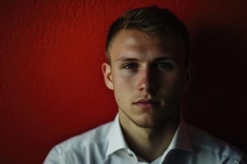 Obraz premium A professional-looking man standing against a bright red wall, wearing a white shirt and tie