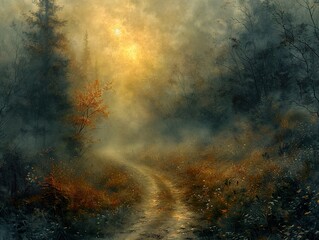 Fototapeta premium Misty Forest Path: Golden Light and Tranquil Scenery