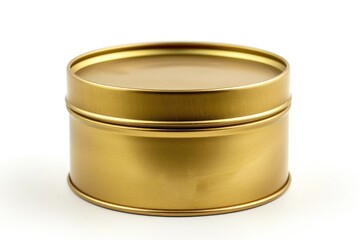 A golden tin container with a lid on a white surface