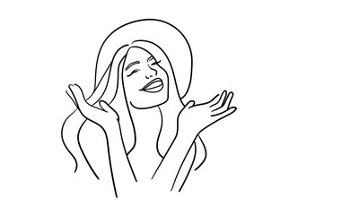 Girl enjoying herself continuous line art drawing isolated on white background. Happy lady line art. Vector illustration	 