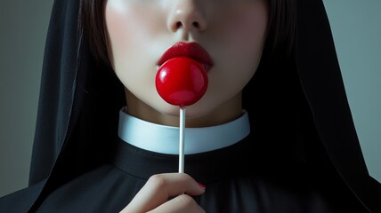Attractive erotic nun detailed face, large red lips, licking a red wet cherry on a stem , red sensual lips. Temptation and sexual pleasure. Website banner for adult theme. Forbidden fruit concept © MD Media