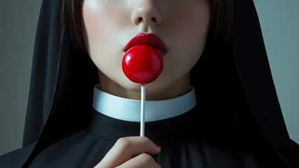 Attractive erotic nun detailed face, large red lips, licking a red wet cherry on a stem , red sensual lips. Temptation and sexual pleasure. Website banner for adult theme. Forbidden fruit concept © MD Media