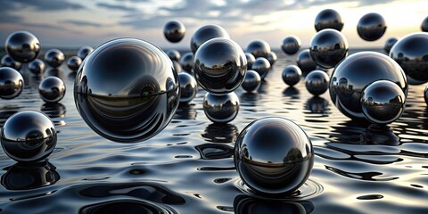 Abstract black spheres floating in liquid water ,  render, black, abstract, balls, spheres, liquid, water, dark, floating