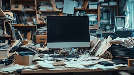 A closeup shot of a messy workspace with a hightech computer monitor, tangled cables, and disorganized piles of documents