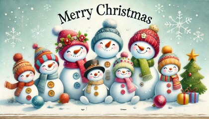 Snowmen with colorful hats, scarves, and buttons Christmas illustration