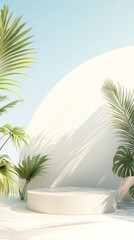 Create a simple yet stylish summer-themed podium featuring light, airy colors and minimalistic beach decor, designed to elegantly highlight your product while capturing the essence of sunny days