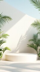 Fototapeta premium Create a simple yet stylish summer-themed podium featuring light, airy colors and minimalistic beach decor, designed to elegantly highlight your product while capturing the essence of sunny days