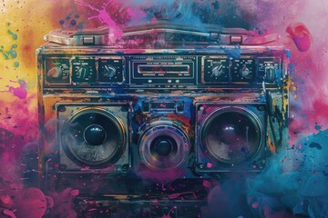 A colorful boombox covered in vibrant paint splatters, perfect for music-themed designs