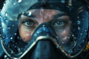 Professional diver exploring underwater life world flora fauna, Generative AI
