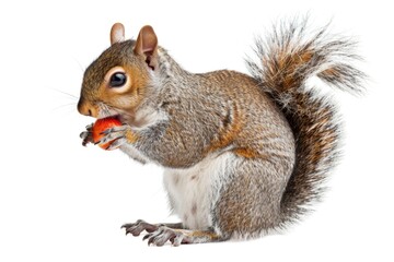Fototapeta premium A small mammal enjoying a snack on a simple white surface