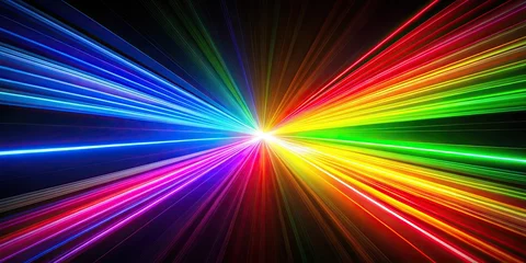 Gordijnen Colorful rainbow laser beams shining brightly against a dark black background, rainbow, laser beams, colorful © Watcharapon