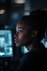 A woman sits in front of a computer monitor, typing away