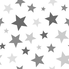 Black and white stars seamless pattern. Hand drawn gray gradient different size stars scattered on white background. Party monochrome glitter background. Starry confetti allover print