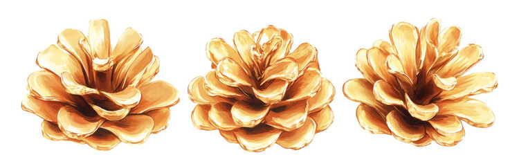 cedar pine cones painted in gold, set. Isolated on white transparent background