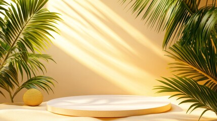 Obraz premium Design a clean, minimalist podium with a summer theme, featuring bright colors, tropical accents, and soft lighting to highlight a product, set against a backdrop of sun, sand, and palm leaves 