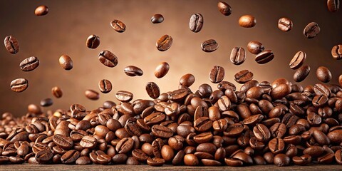Obraz premium Falling coffee beans isolated, coffee, beans, falling, motion, splash, beverage, dark, roast, aroma, caffeine, brown, roasted