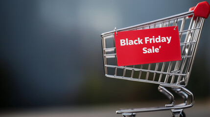 Black Friday sale sign on shopping cart with dark blurred background