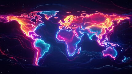 Abstract neon glowing world map with vibrant stream made of colorful lines 