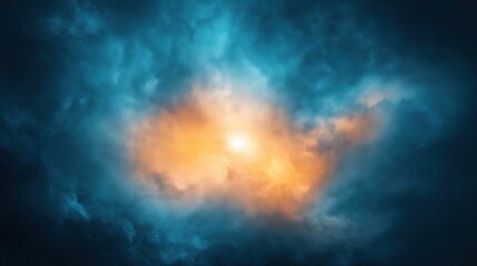 Fototapeta premium Dramatic sky with vibrant orange light breaking through blue storm clouds, creating a mystical and dynamic atmosphere.