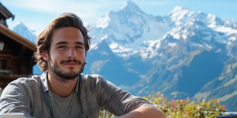 Swiss Young Man Enjoying Mountain Views at a Scenic Cafe