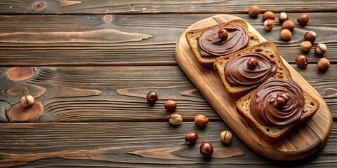 Board of bread with chocolate paste and hazelnuts on wooden background, bread, chocolate, hazelnuts, paste, wooden, background
