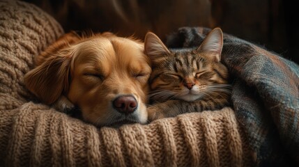 A golden retriever and a tabby cat sleep peacefully together under a blanket.