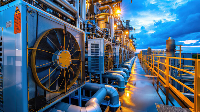 High tech power plant with advanced cooling towers and industrial equipment, showcasing intricate piping and machinery under dramatic sky