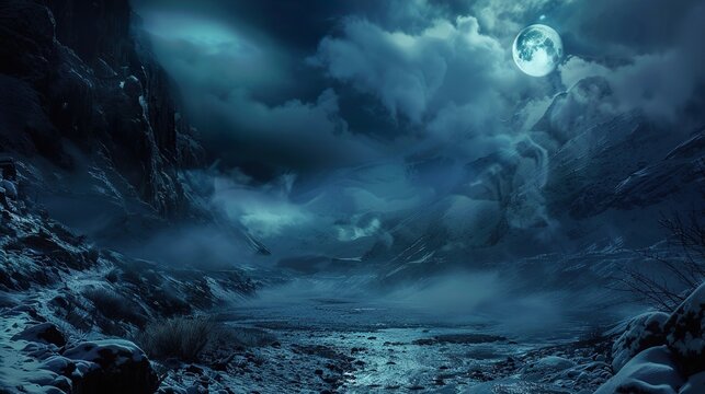 Mystical Moonlight Landscape: Foggy Mountains Under a Full Moon - Powered by Adobe
