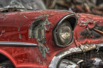 A close-up shot of a rusty red car, perfect for representing old or abandoned vehicles