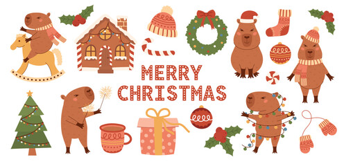 Christmas capybara and winter new year elements collection. Animals with tree, garland, sparklers. Wreath, gift box, sock, hat, holly branch vector set for scrapbooking, social media, animation.
