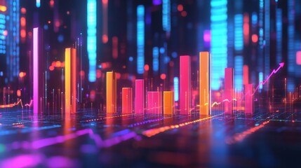 Fototapeta premium Neon-Lit Abstract Cityscape with Rising Financial Bar Graph and Arrow