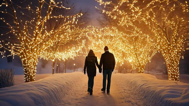 Couple walking hand in hand through a snow-covered park at dusk, illuminated by the soft glow of Christmas lights in the trees. . Video