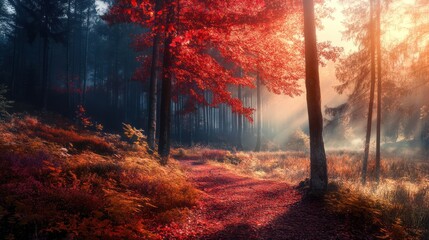 Sunbeams Through Autumn Forest