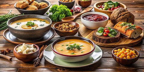 Hearty protein meal featuring soup and side dishes at a dinner table, dinner, food, healthy, nutrition, hearty