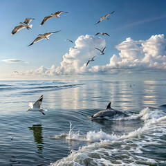 Naklejka premium seagulls, dolphins, sea, calm,