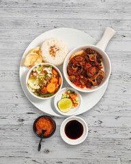 Traditional Indonesian Food - Ayam Penyet, Fried Duck, Green Sambal, Siomay Batagor, Soto Betawi, Rib Soup, Satay, Meatball