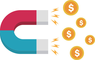 Vector magnet. Attraction money. Flat style. Earn money. Magnetic force. Profit, income.