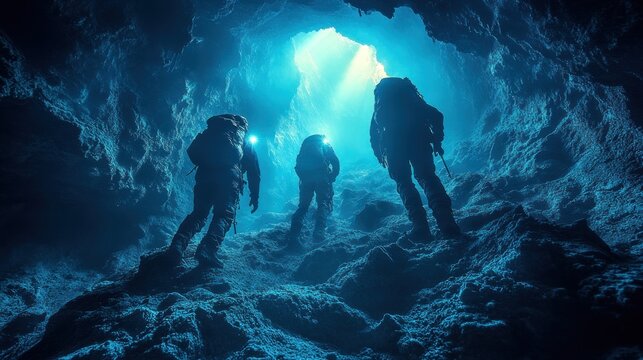 Divers exploring a submerged cave illuminated by blue light.