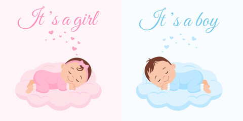 Cute baby girl and baby boy sleeping on a clouds.Gender reveal, baby shower,baby announcement. It's a boy. It's a girl.Vector Illustration