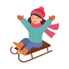 Happy girl sledding in the snow. Winter outdoor activity. Vector Illustration isolated on a white background.