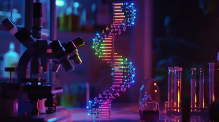 Futuristic 3D DNA Strand Visualization in Laboratory