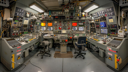 Control room with digital screens and various monitoring equipment, showcasing complex setup for managing operations. environment is high tech and organized, reflecting professional atmosphere