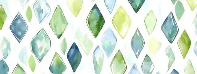 Abstract seamless pattern with green and blue leaves, green watercolor background, vector illustration, flat design, geometric