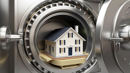 Fototapeta premium A miniature house is safely stored inside a vault, symbolizing the concept of protecting assets or investments.