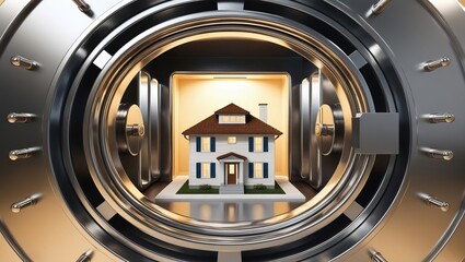 Fototapeta premium A 3D representation of a house inside a safe, symbolizing security, investment, and protecting valuable property.
