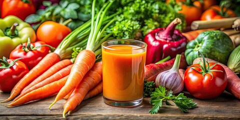 Freshly squeezed carrot juice surrounded by colorful vegetables , healthy, diet, nutrition, drink, beverage, organic