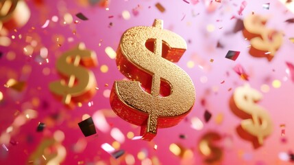 Golden Dollar Sign with Confetti on Pink Background