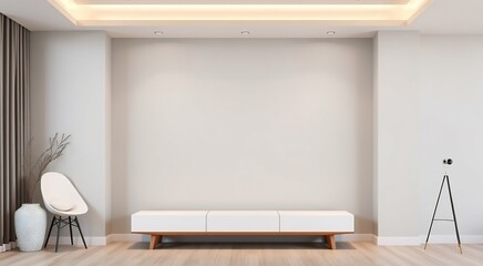 Minimalist living room interior with white walls and a white cabinet.